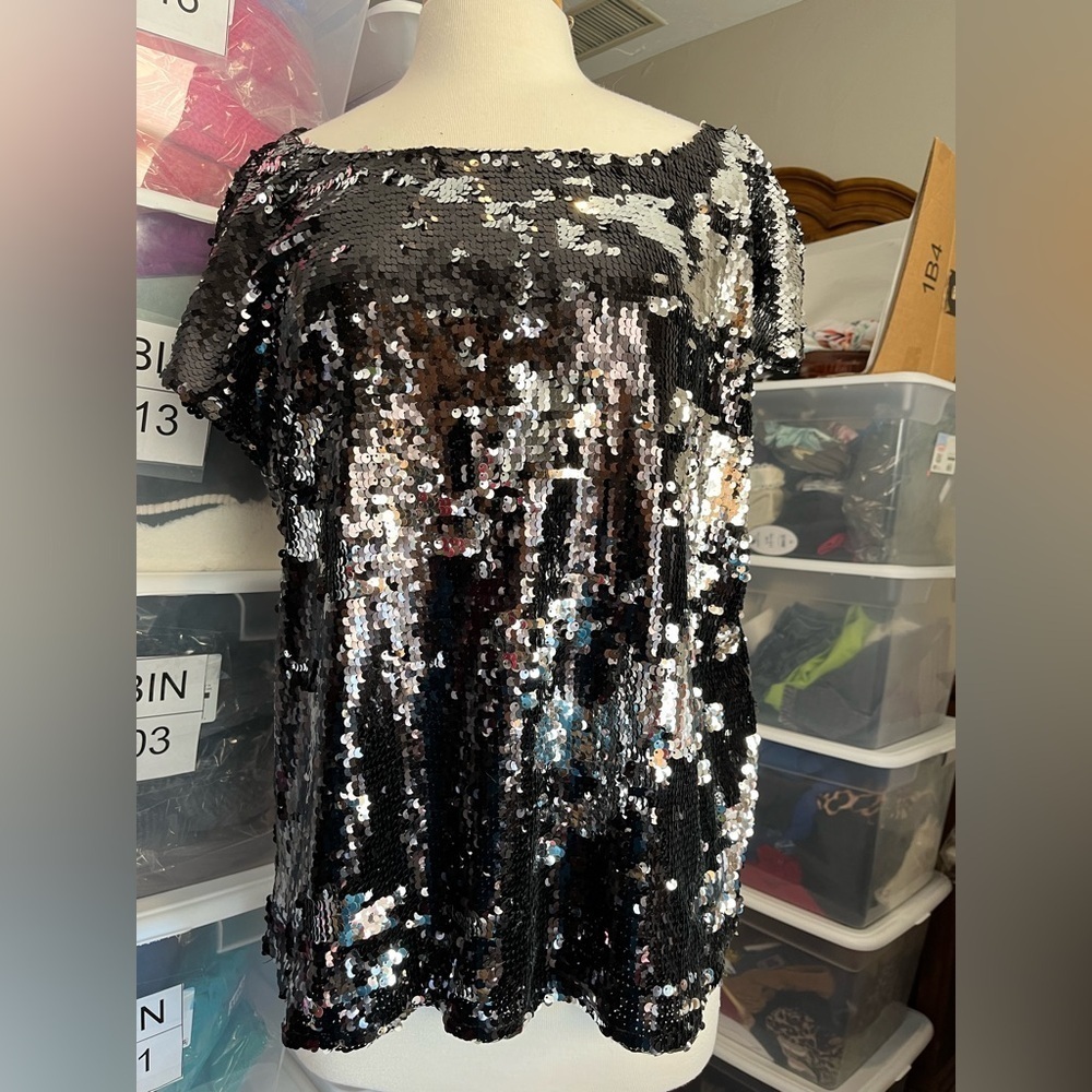 BB Dakota Shimmering Black and Silver Sequin Top